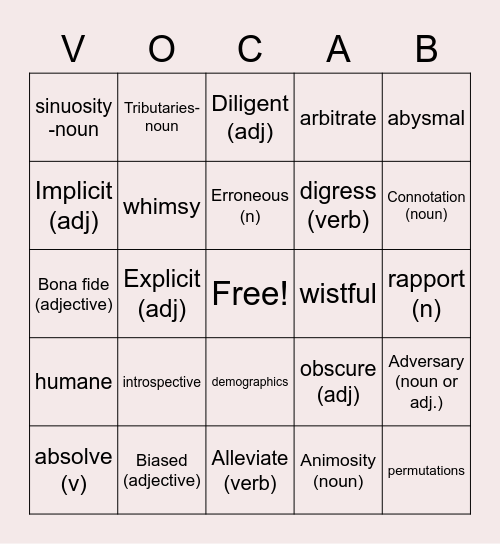 Vocabulary Review Guide Bingo Card