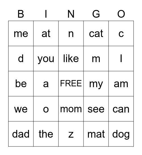 Sight Words and Letter Sounds Bingo Card