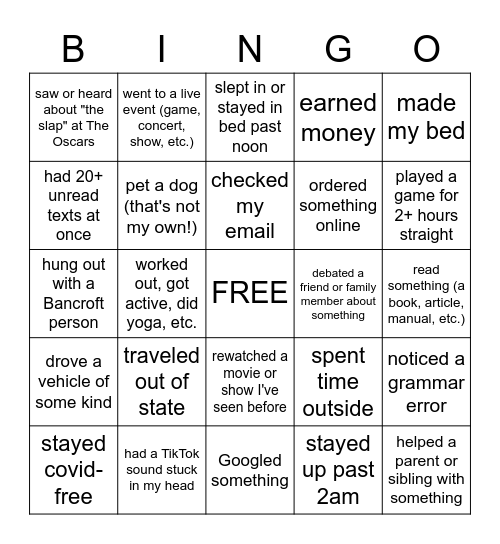 Over Spring Break, I... Bingo Card