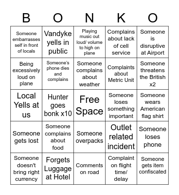 Hilltop London Trip Bingo Card