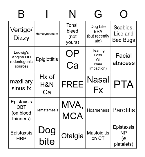 ENT Patient / Consult Bingo Card