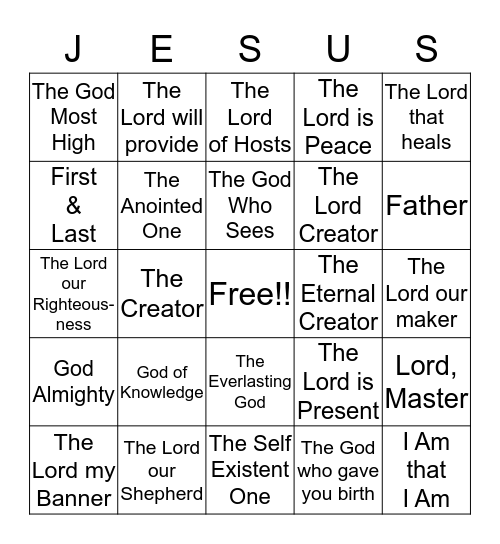 The names of God Bingo Card