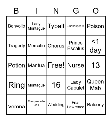 Romeo and Juliet Bingo Card