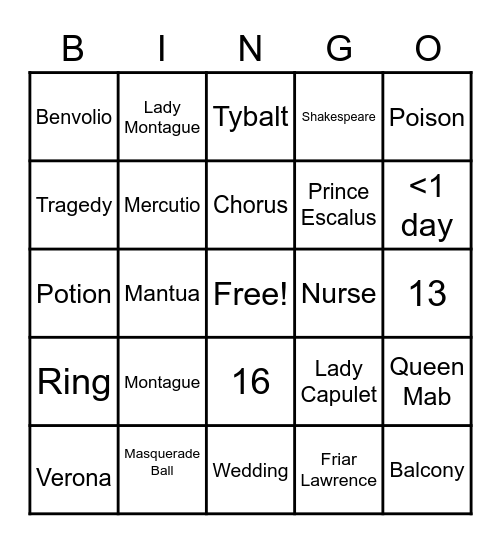 Romeo and Juliet Bingo Card