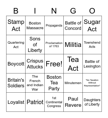 The Road to Revolution Bingo Card
