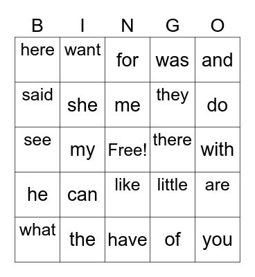 Sight Words Bingo Card