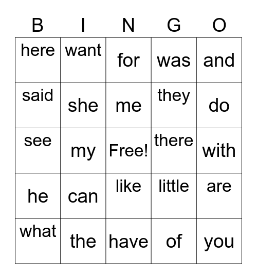 Sight Words Bingo Card