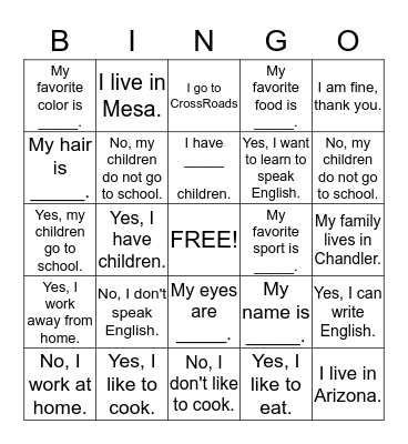 ESL Bingo Card