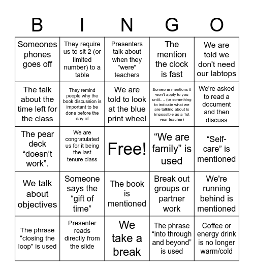 Tenure Year 1 Bingo Card