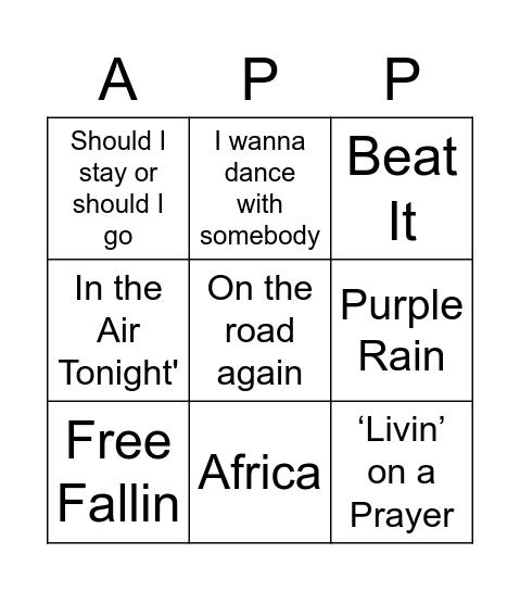 App State Softball 80's Night Bingo Card