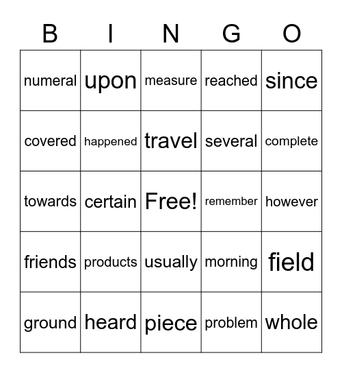 Sight Words Bingo Card