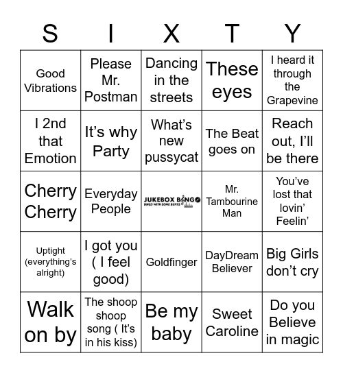 Sixties Bingo Card