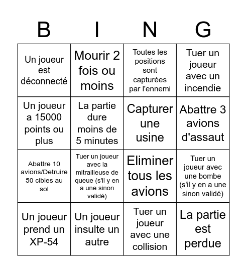 Bing World Of Warplanes Bingo Card