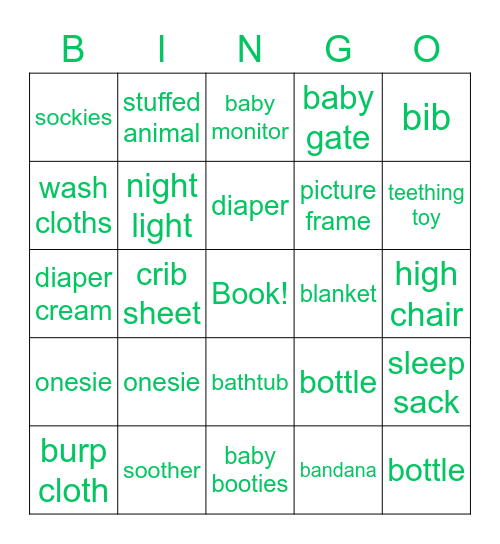 Baby G Bingo Card