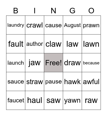 AW/AU Words Bingo Card