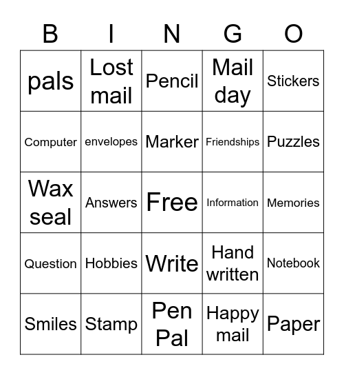 PEN PAL Bingo Card