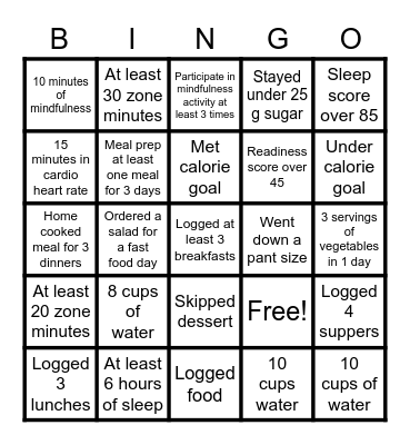 Fitbit nutrition Bingo Card