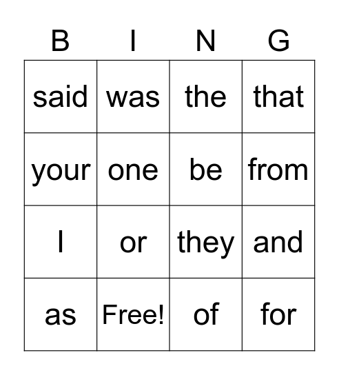 Snap Word Bingo Card