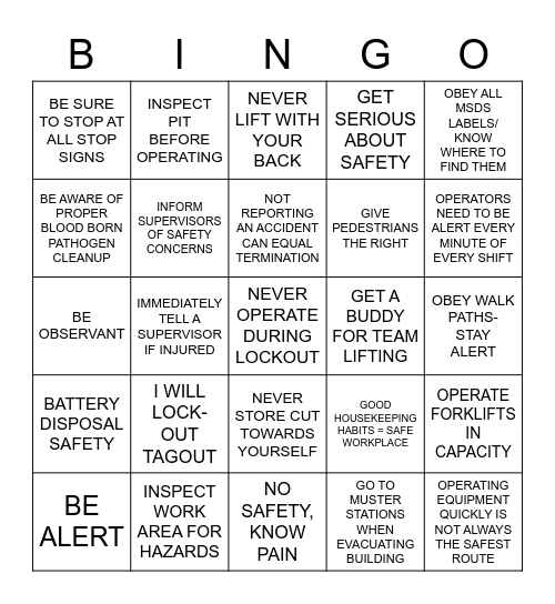 SAFETY BINGO Card