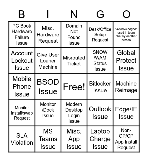 IT Support Bingo Card