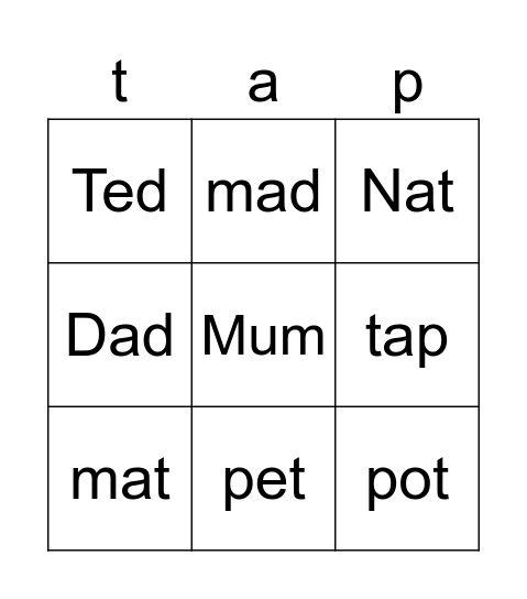 Tap, Tap Bingo Card