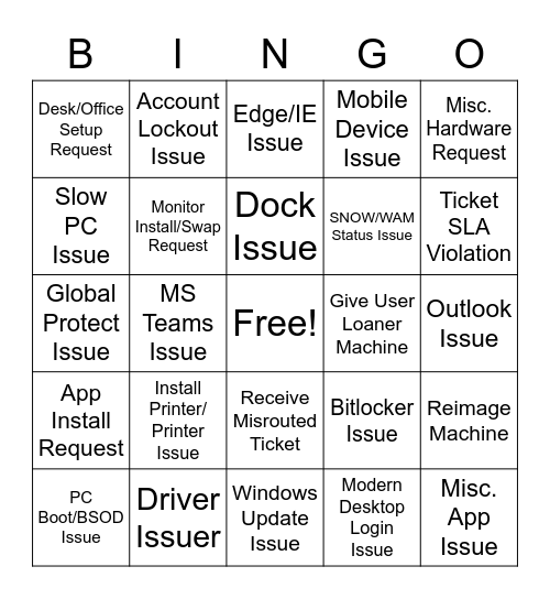 IT Support Bingo Card