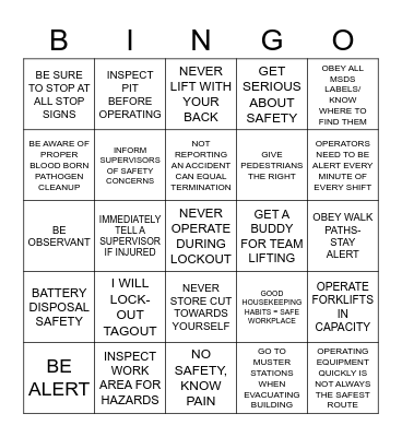 safety Bingo Card