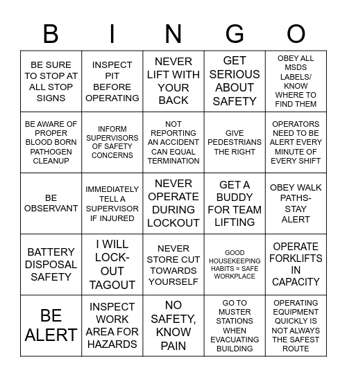 safety Bingo Card