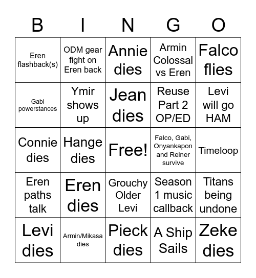 Attack on Titan Series Finale Bingo Card