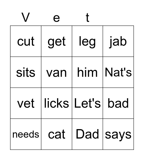 Get to the Vet Bingo Card