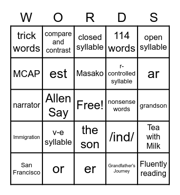 Literacy Bingo Card