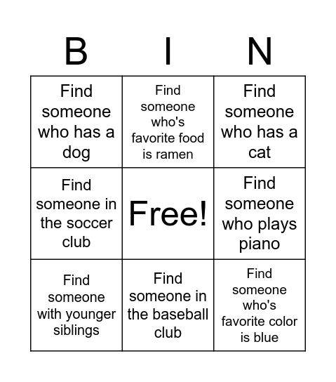 Introduction Bingo Card