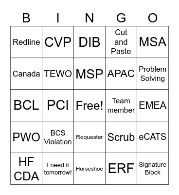 HCP Bingo Card