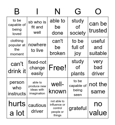 Adjective Suffixes  Bingo Card