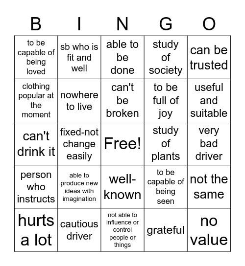 Adjective Suffixes  Bingo Card