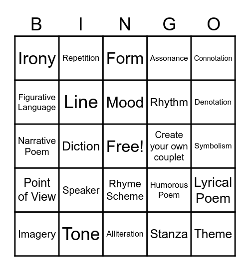 Elements of Poetry Bingo Card