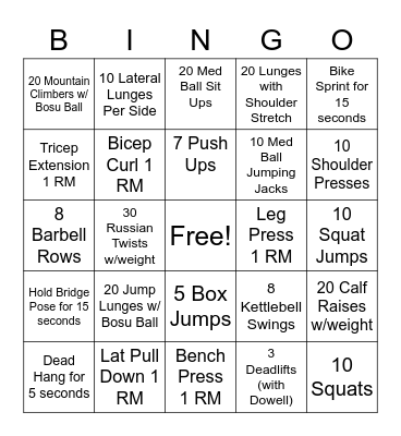 Fitness Room Bingo Card