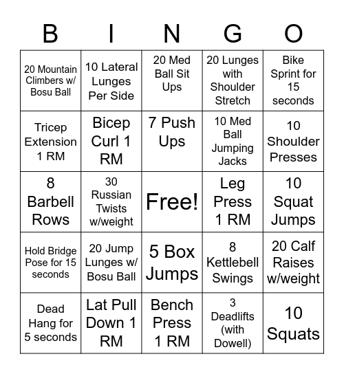 Fitness Room Bingo Card