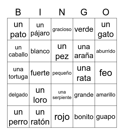 animals and adjectives Bingo Card
