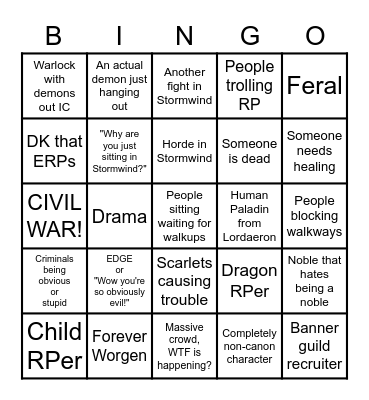 Stormwind RP Bingo Card