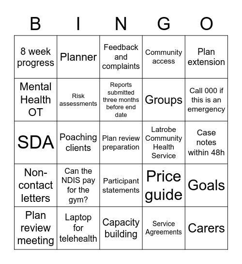 NDIS Bingo Card