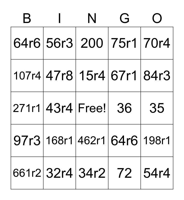 Long Division Bingo Card