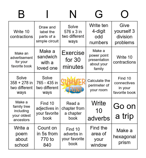 Summer Bingo Card