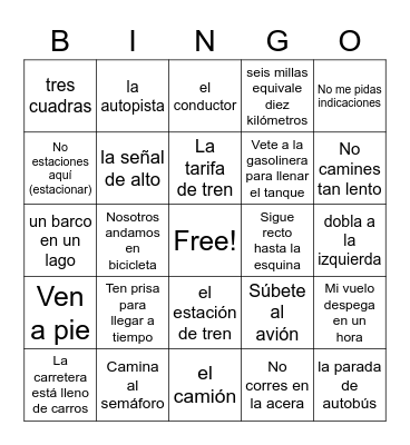 U29 Bingo -- Medios de Tranporte Bingo Card