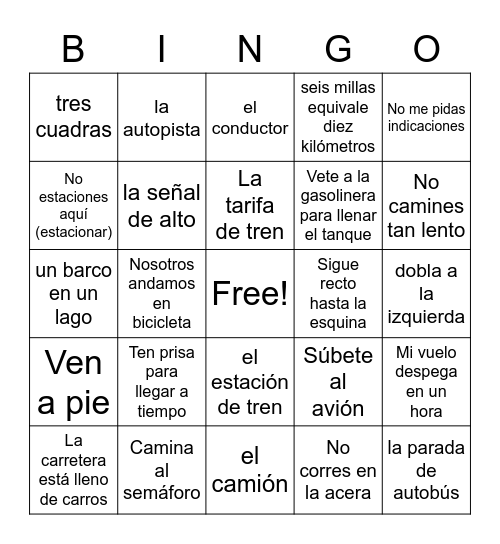 U29 Bingo -- Medios de Tranporte Bingo Card