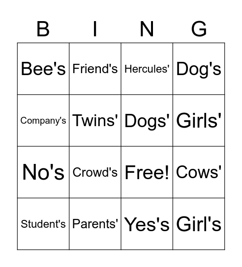 Apostrophes bingo Card