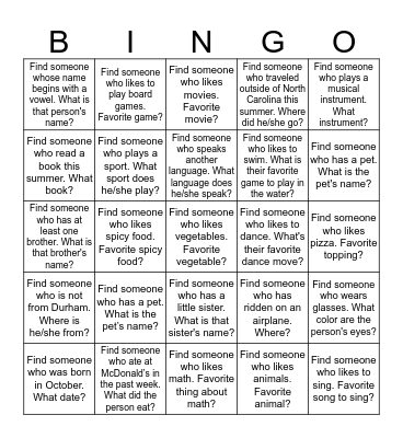 Getting to Know You Bingo! Bingo Card