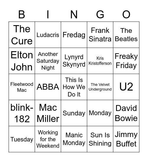 Days of the Week Bingo Card