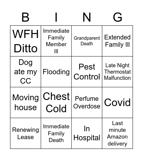 Excuse Bingo Card