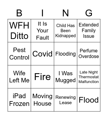 Excuse Bingo Card